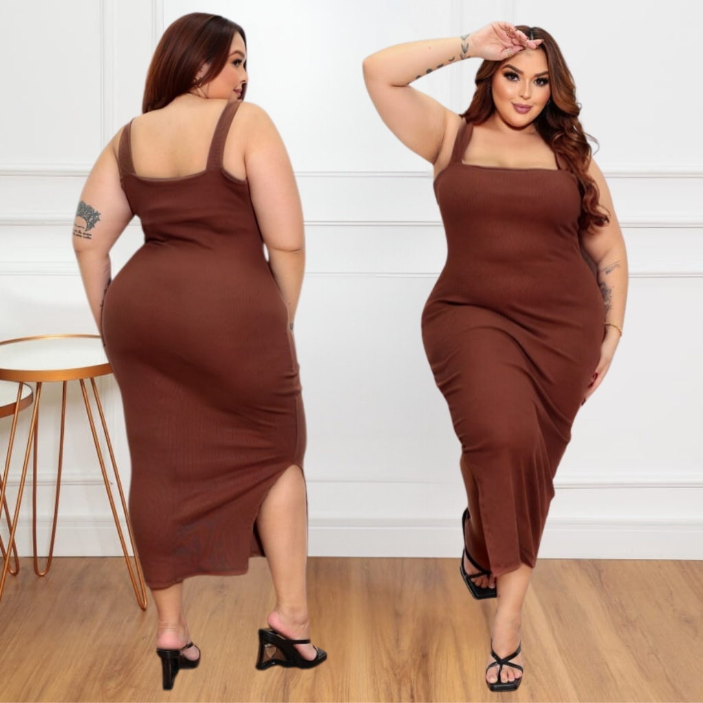 Vestido Feminino Longo Plus size do 46 ao 52 ribana canelado de algodão tendencia