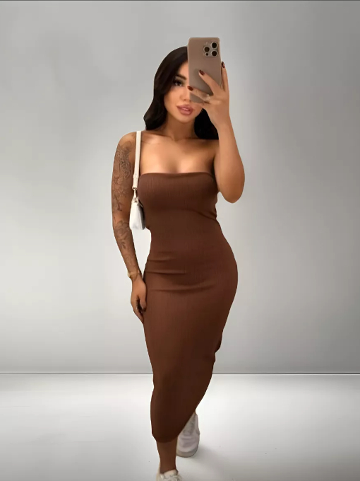 Vestido Midi Tomara que Caia Canelado - Elegância e Conforto em um Único Vestido! TECIDO ANARRUGA!