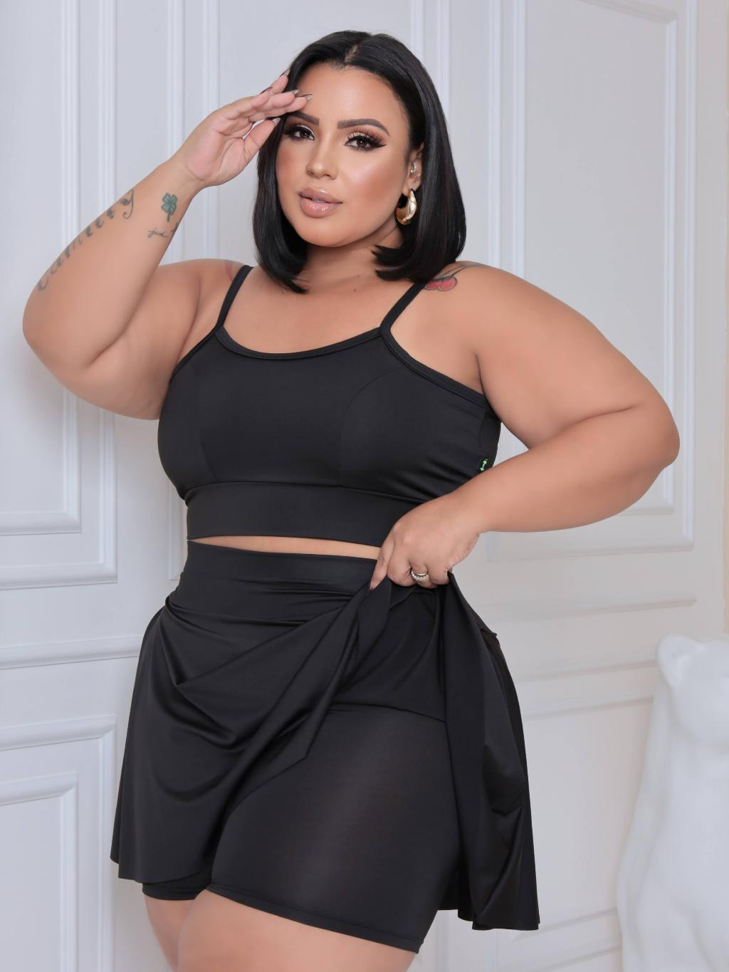 Conjunto short saia e top do slim ao plus size M ao G3 dança academia treino saia com short