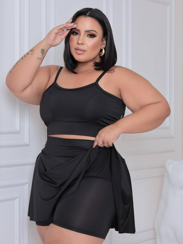 Conjunto short saia e top do slim ao plus size M ao G3 dança academia treino saia com short