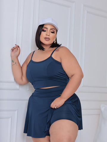 Conjunto short saia e top do slim ao plus size M ao G3 dança academia treino saia com short