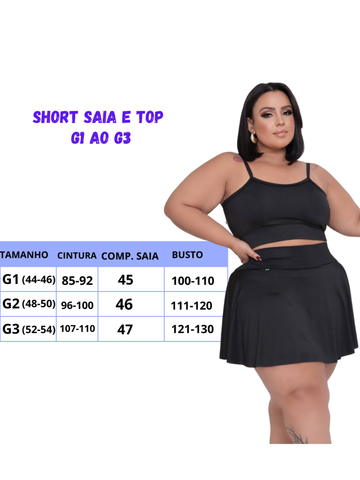 Conjunto short saia e top do slim ao plus size M ao G3 dança academia treino saia com short