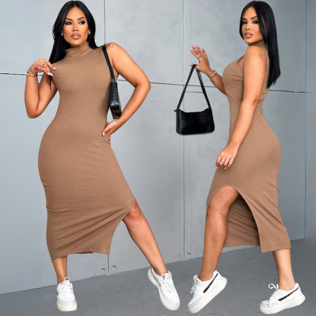 Vestido longo feminino com fenda canelado ribana premium