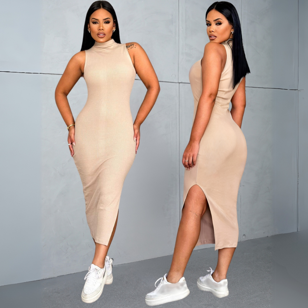 Vestido longo feminino com fenda canelado ribana premium