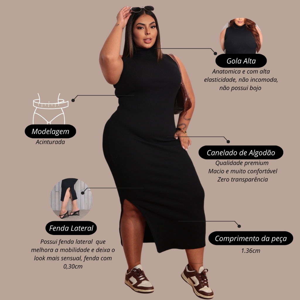 Vestido feminino plus size longo gola alta com fenda ribana canelado algodão premium casual festa rua basico