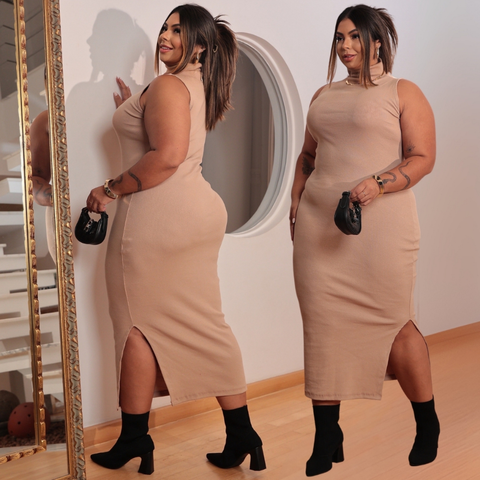 Vestido feminino plus size longo gola alta com fenda ribana canelado algodão premium casual festa rua basico