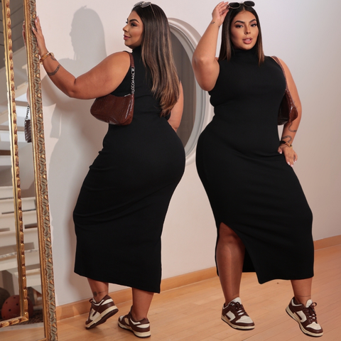 Vestido feminino plus size longo gola alta com fenda ribana canelado algodão premium casual festa rua basico
