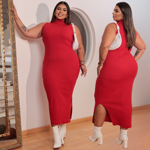 Vestido feminino plus size longo gola alta com fenda ribana canelado algodão premium casual festa rua basico
