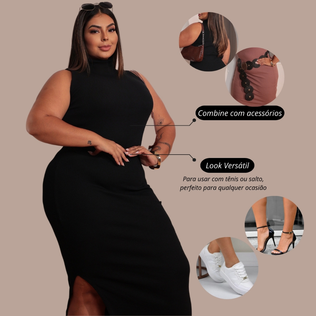Vestido feminino plus size longo gola alta com fenda ribana canelado algodão premium casual festa rua basico