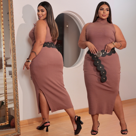 Vestido feminino plus size longo gola alta com fenda ribana canelado algodão premium casual festa rua basico
