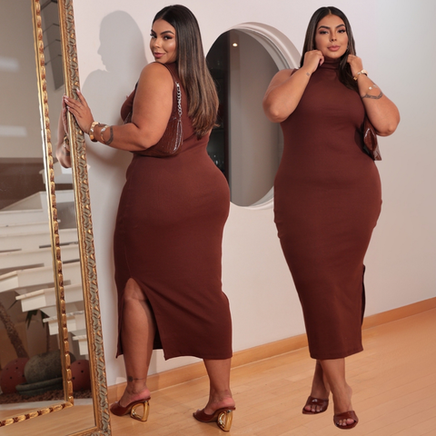 Vestido feminino plus size longo gola alta com fenda ribana canelado algodão premium casual festa rua basico
