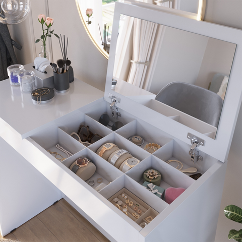 Penteadeira Escrivaninha com Espelho e Porta Joias Paris Branco Quarto Meninas - G4 Magazine