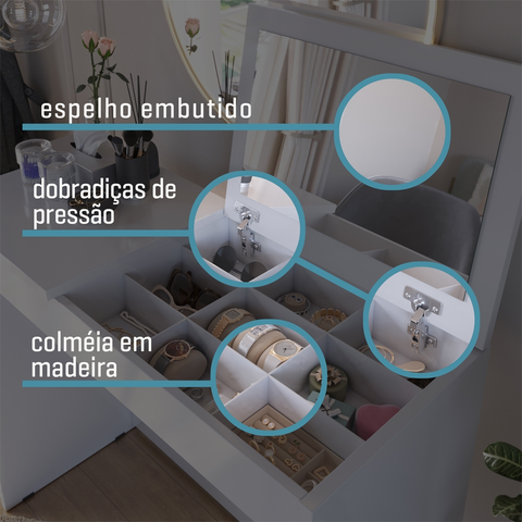 Penteadeira Escrivaninha com Espelho e Porta Joias Paris Branco Quarto Meninas - G4 Magazine
