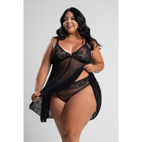 Camisola Feminina IMI Lingerie Sem Bojo Em Tule E Renda Com Calcinha Confortável Plus Size Aurora