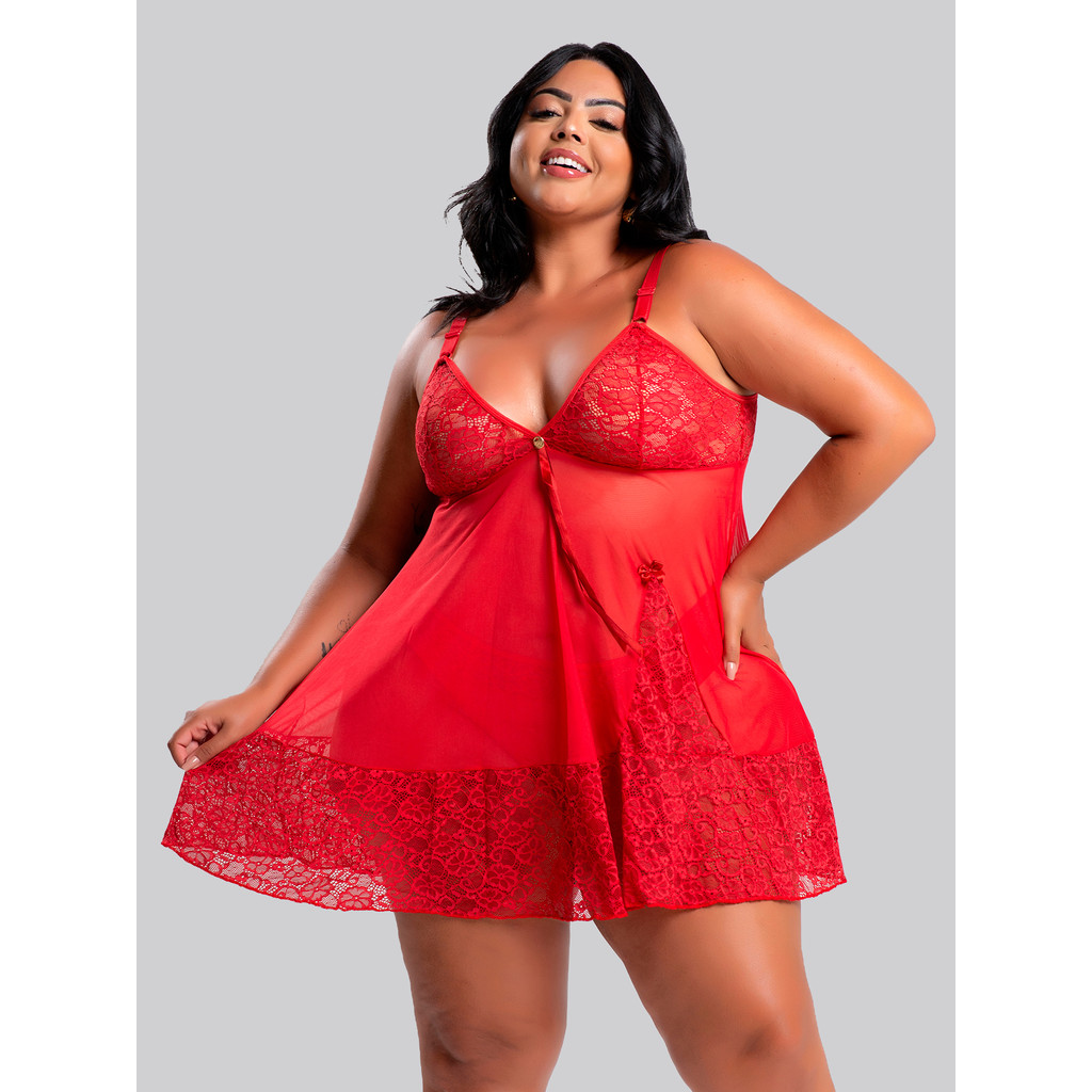 Camisola Feminina IMI Lingerie Sem Bojo Em Tule E Renda Com Calcinha Confortável Plus Size Aurora